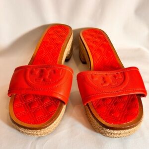 TORY BURCH Sz 9 Orange Espadrille Slides Slip On With a Block Heel